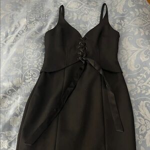 Cinq à Sept Black Demia Lace-up Corset Midi Cocktail Dress